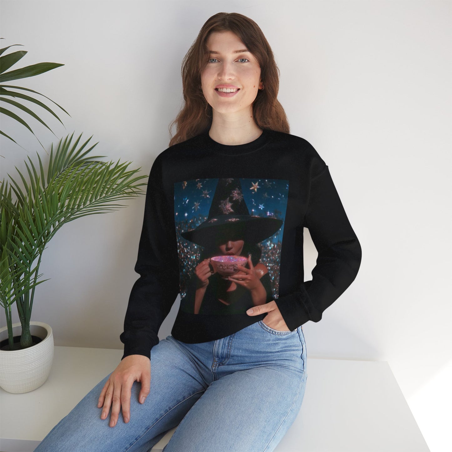 Witchy Tea Party Crewneck Sweatshirt – Mystic Witch Drinking Tea Graphic