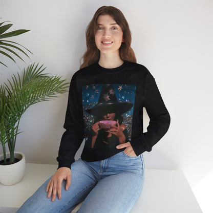 Witchy Tea Party Crewneck Sweatshirt – Mystic Witch Drinking Tea Graphic