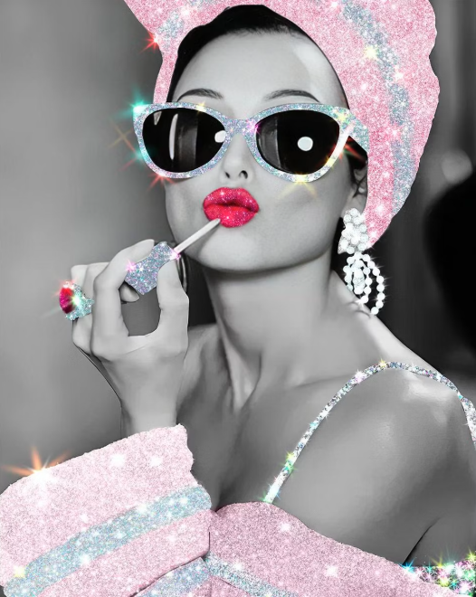 Retro Glam Sticker - Pink Glitter Audrey Hepburn Style Kiss-Cut Decal