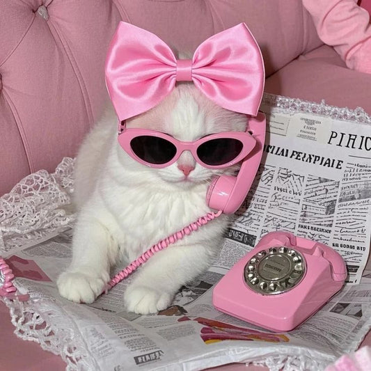 Cute Pink Retro Cat Kiss-Cut Sticker — Vintage Telephone & Bow Sunglasses