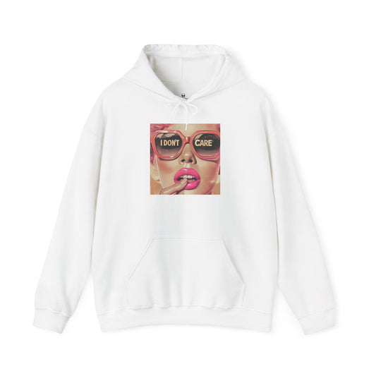 I Don't Care Pop Art Hoodie — Retro Glam Sunglasses Graphic Sweatshirt