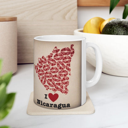 I Love Nicaragua Ceramic Mug — Red Lipprint Map Design (11oz)