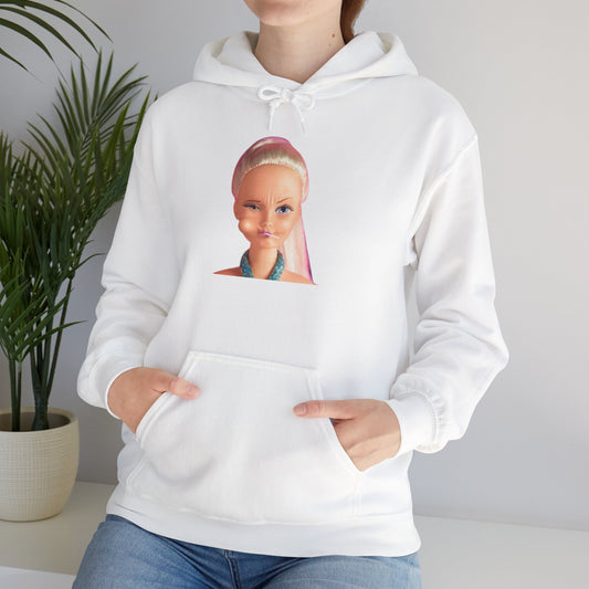 Retro Doll Portrait Hoodie — Nostalgic 90s Toy Face Sweatshirt