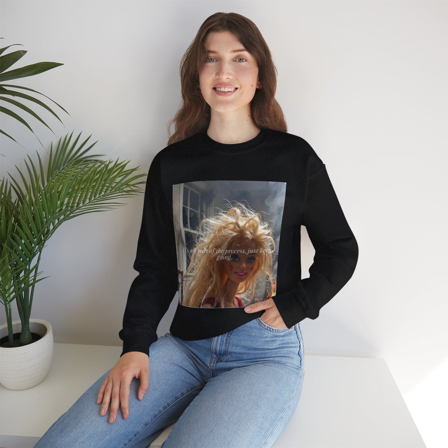 Barbie on Fire Graphic Sweatshirt – Retro Doll Photo Pullover with Text