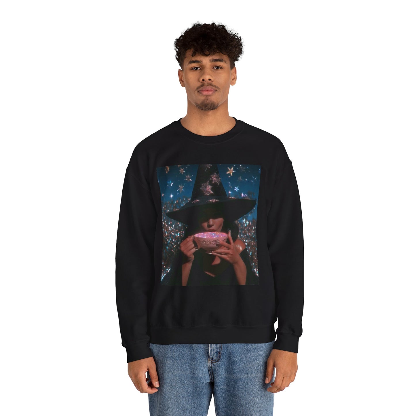 Witchy Tea Party Crewneck Sweatshirt – Mystic Witch Drinking Tea Graphic