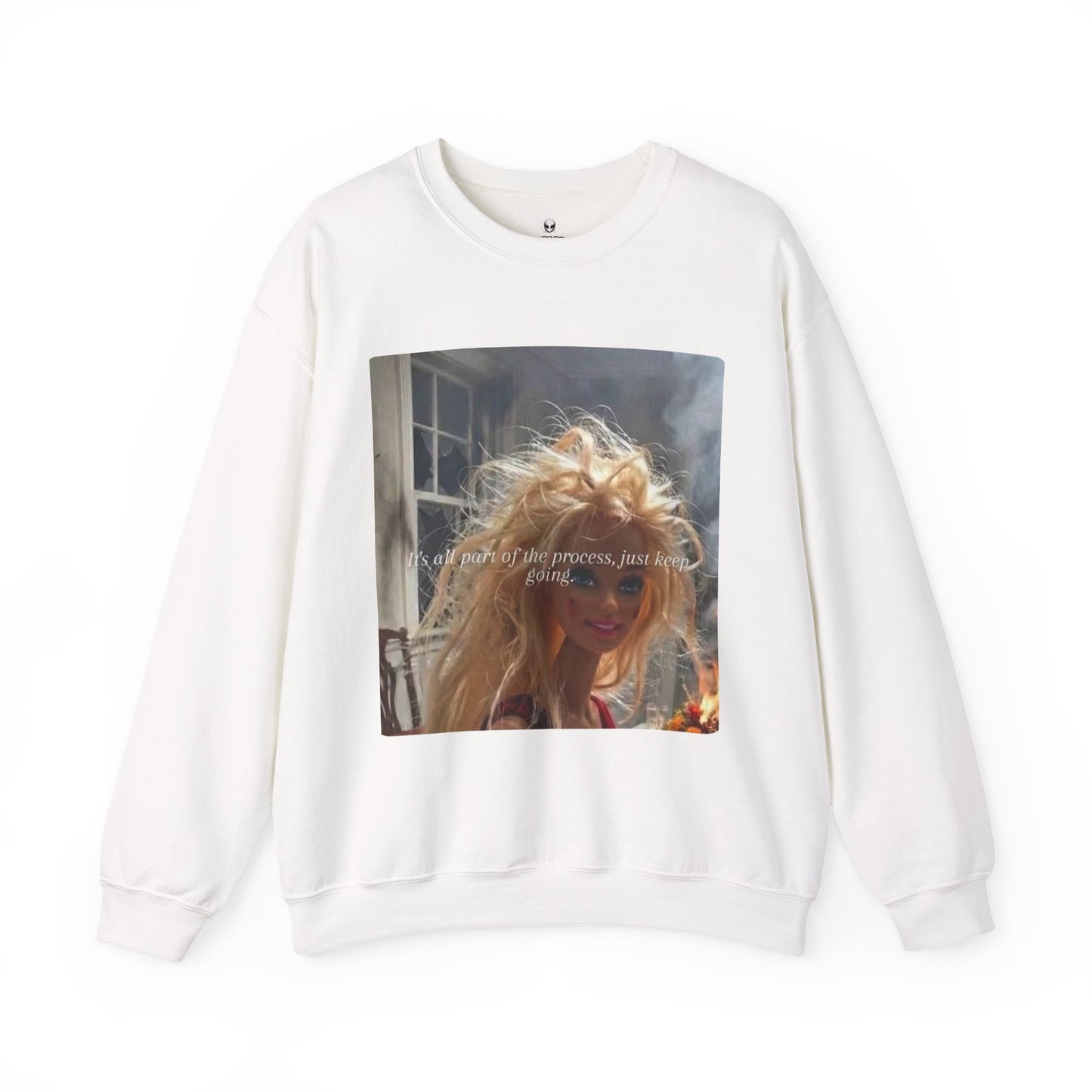 Barbie on Fire Graphic Sweatshirt – Retro Doll Photo Pullover with Text