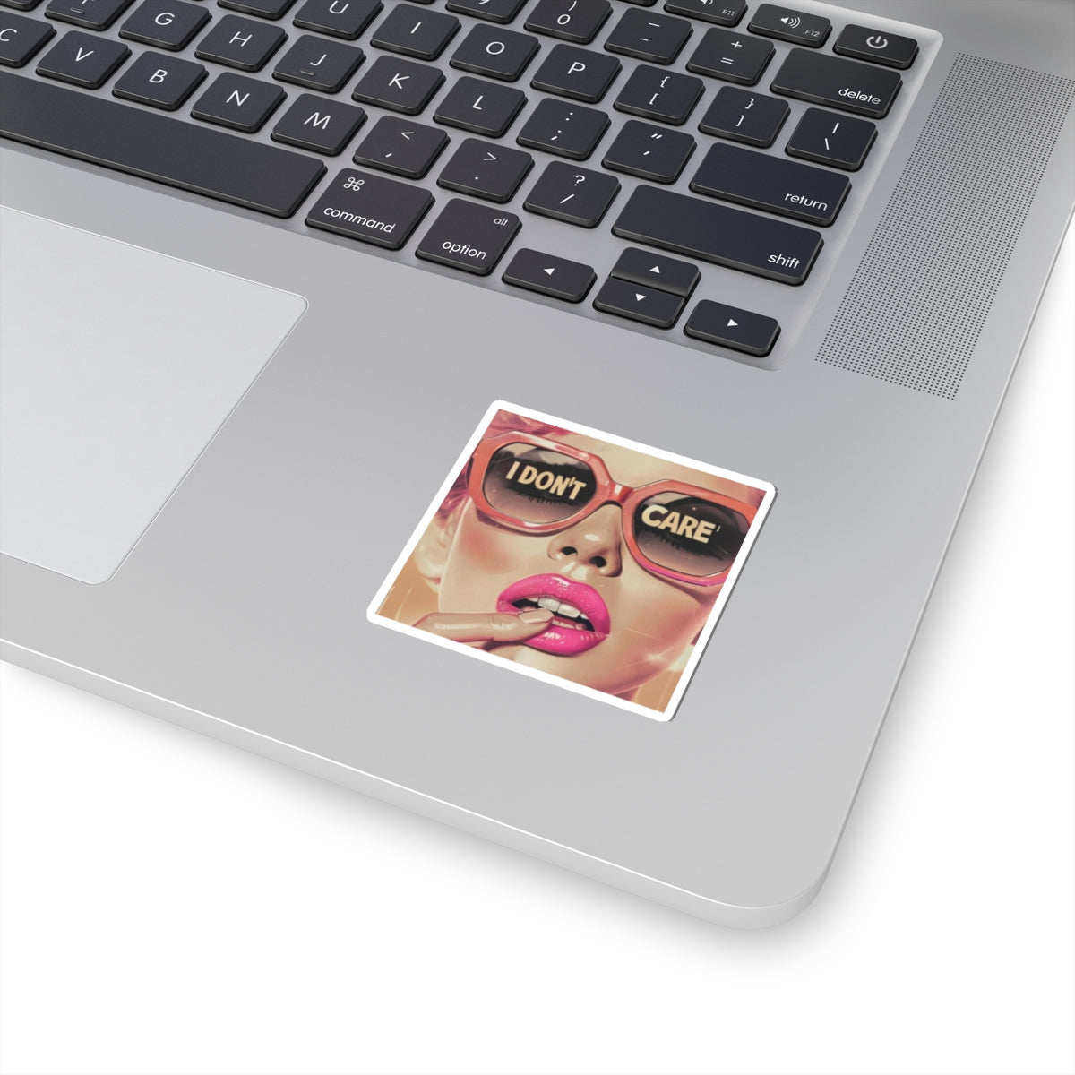 I Don't Care Kiss-Cut Sticker — Retro Glam Pink Sunglasses Pop Art