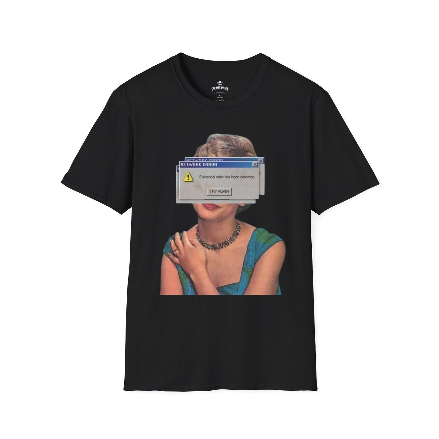 Vintage Portrait Tee with Retro Computer Error Overlay
