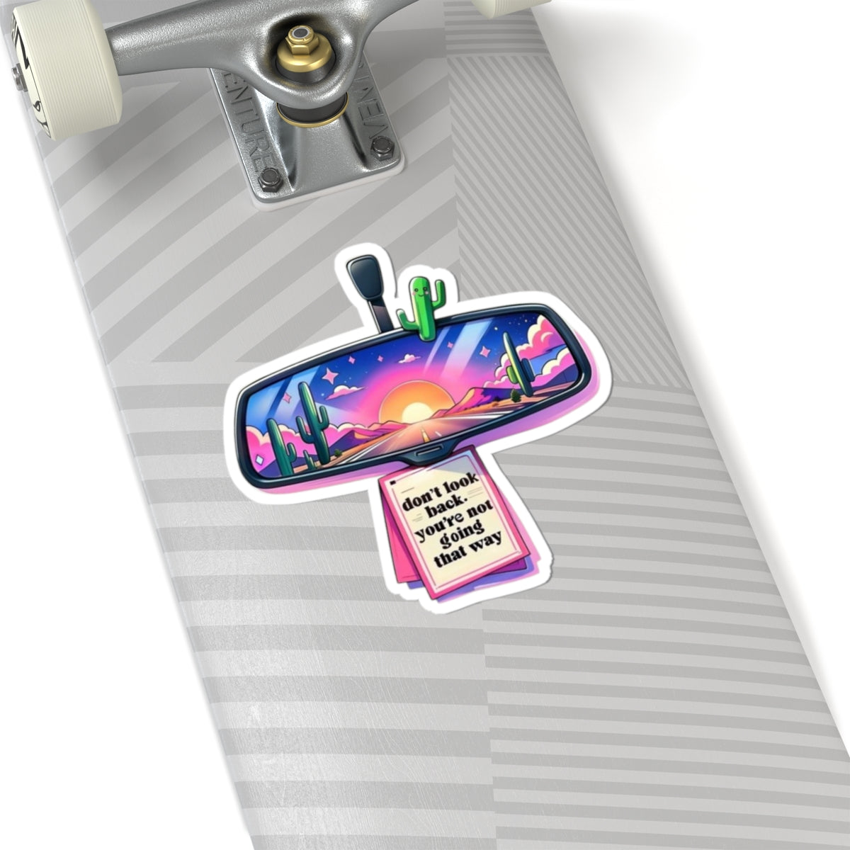 Rearview Sunset Sticker — “Don’t Look Back, You’re Not Going That Way” Inspirational Kiss-Cut Sticker