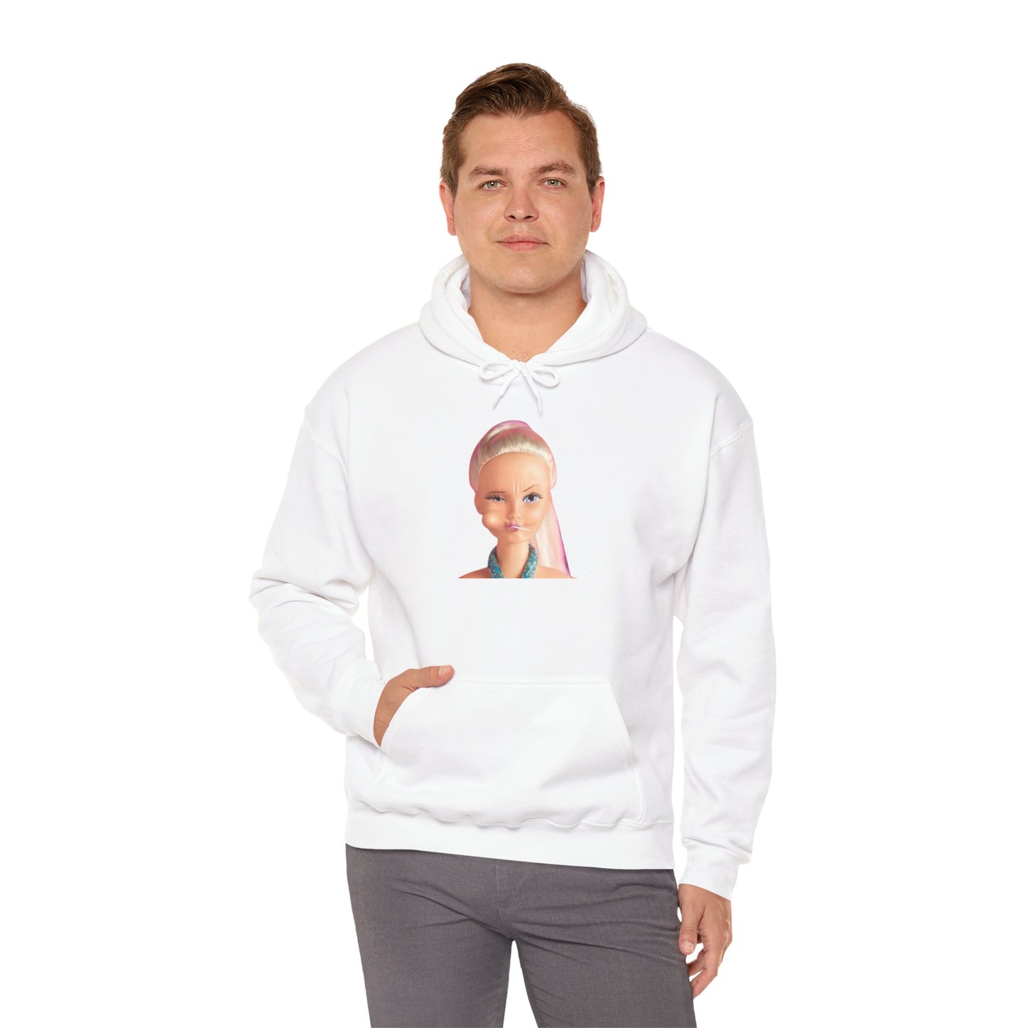 Retro Doll Portrait Hoodie — Nostalgic 90s Toy Face Sweatshirt