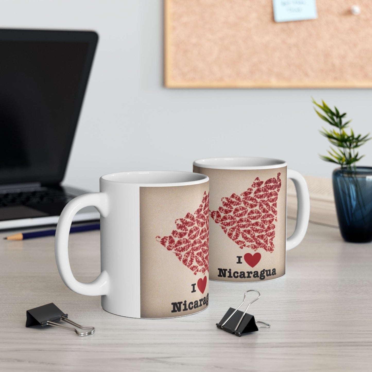 I Love Nicaragua Ceramic Mug — Red Lipprint Map Design (11oz)