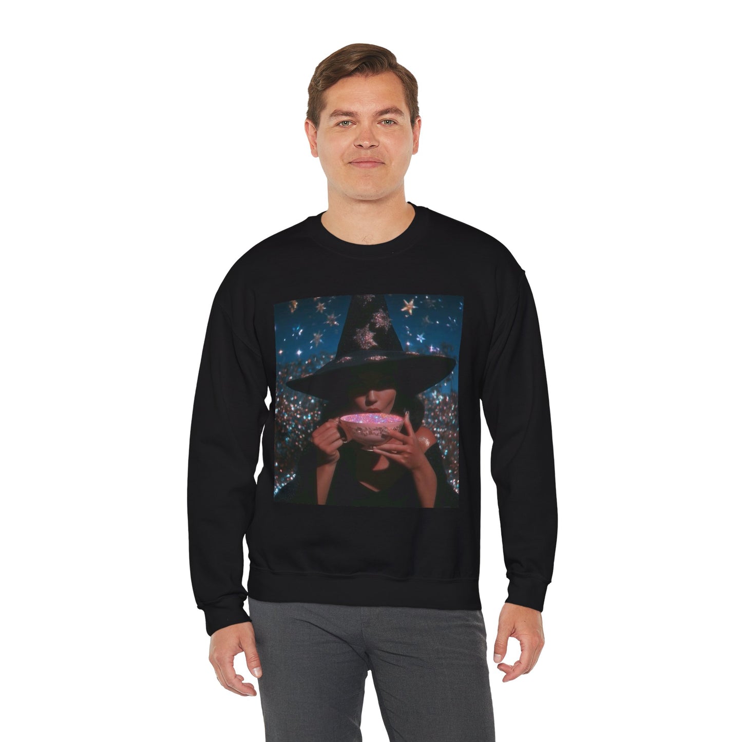 Witchy Tea Party Crewneck Sweatshirt – Mystic Witch Drinking Tea Graphic