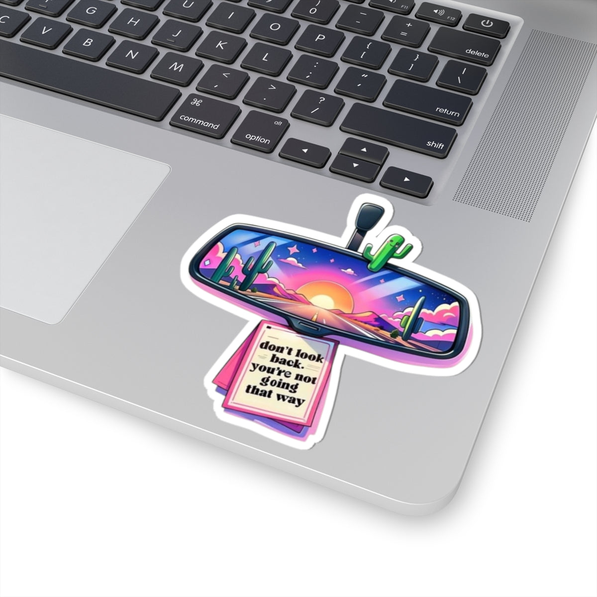 Rearview Sunset Sticker — “Don’t Look Back, You’re Not Going That Way” Inspirational Kiss-Cut Sticker