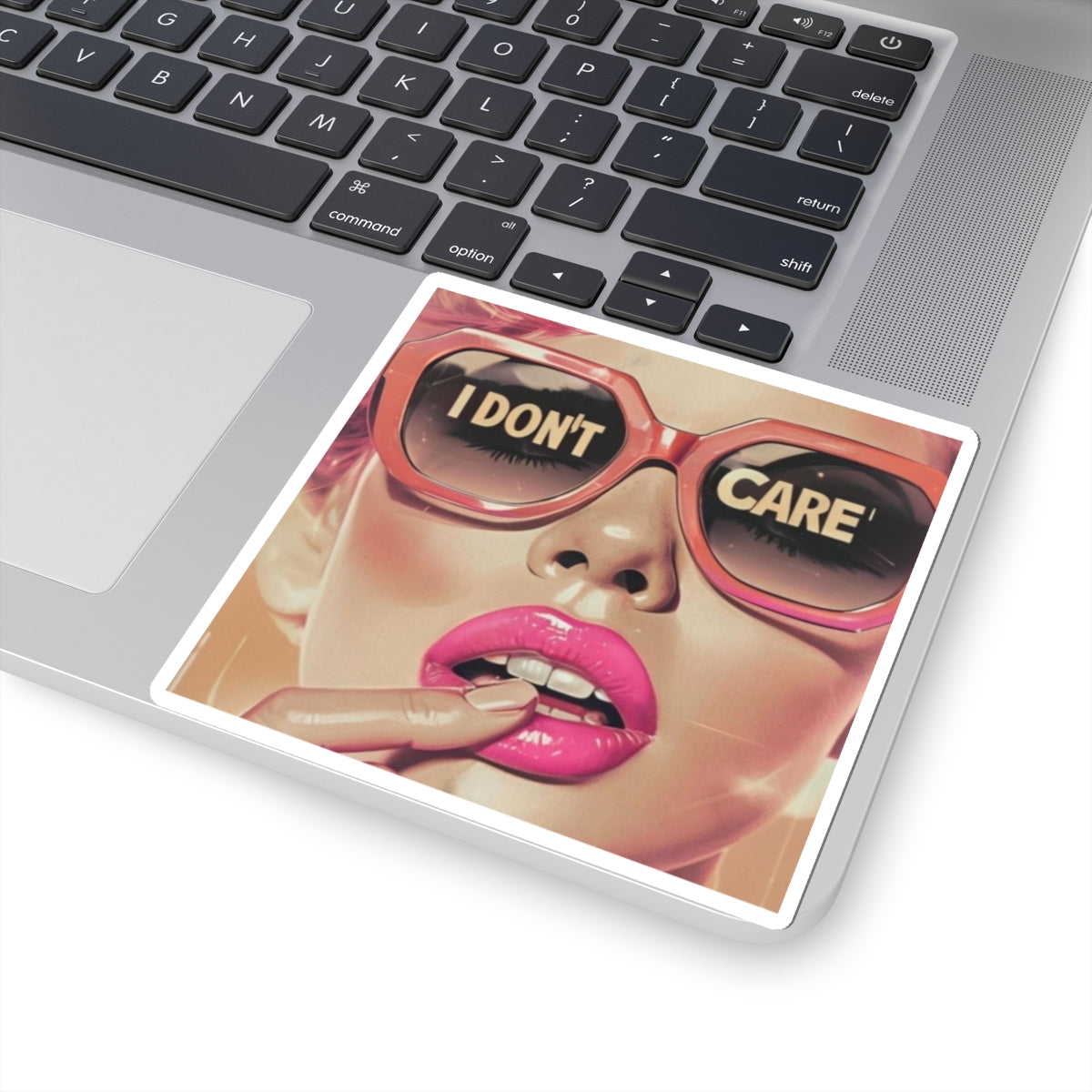 I Don't Care Kiss-Cut Sticker — Retro Glam Pink Sunglasses Pop Art
