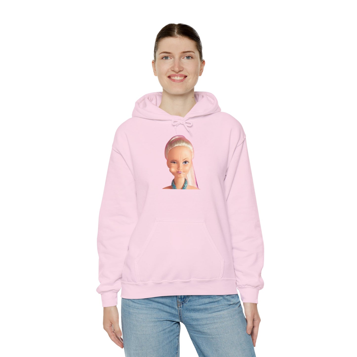Retro Doll Portrait Hoodie — Nostalgic 90s Toy Face Sweatshirt