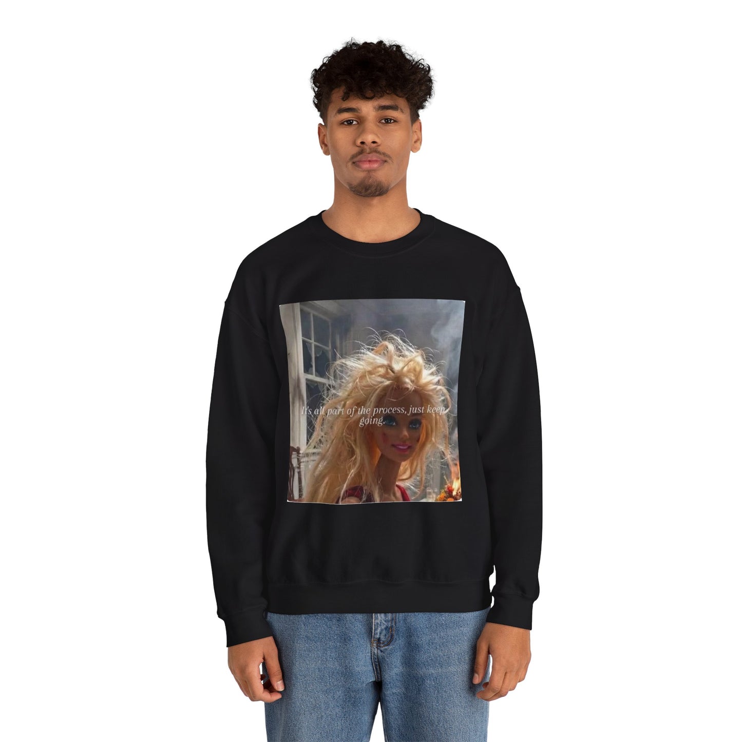 Barbie on Fire Graphic Sweatshirt – Retro Doll Photo Pullover with Text