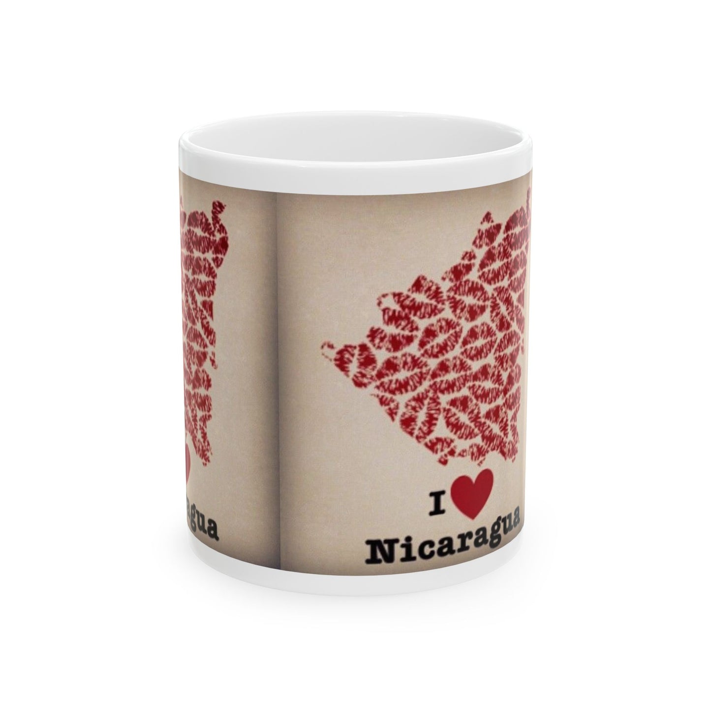 I Love Nicaragua Ceramic Mug — Red Lipprint Map Design (11oz)