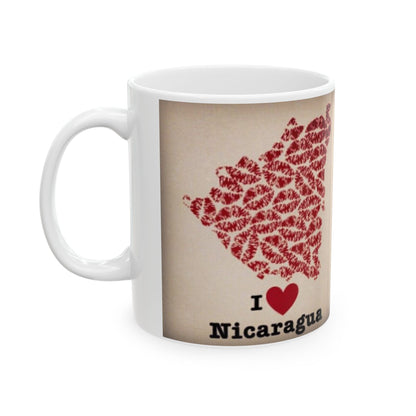 I Love Nicaragua Ceramic Mug — Red Lipprint Map Design (11oz)