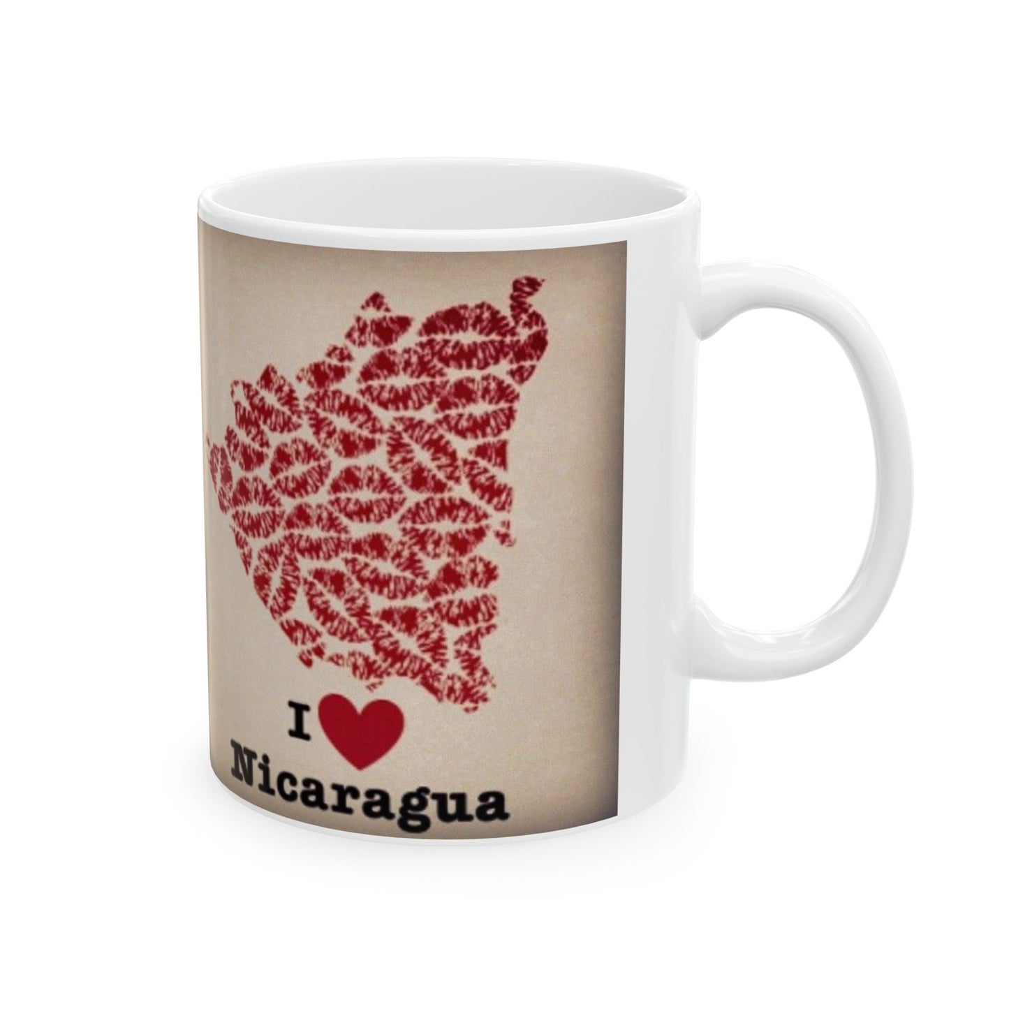 I Love Nicaragua Ceramic Mug — Red Lipprint Map Design (11oz)