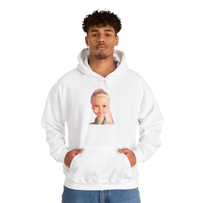 Retro Doll Portrait Hoodie — Nostalgic 90s Toy Face Sweatshirt